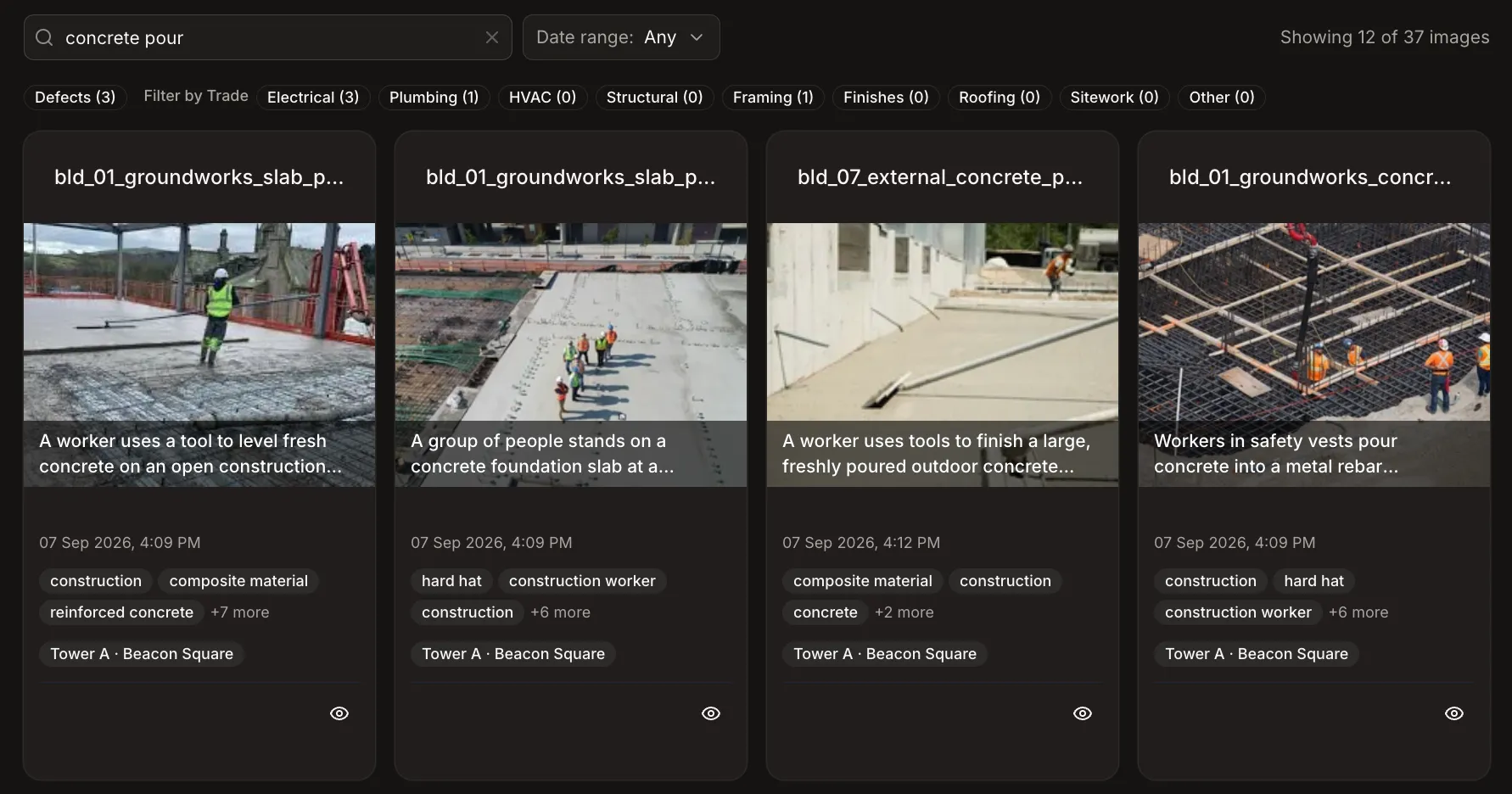 Screenshot of a search for concrete pour in English, returning photos
