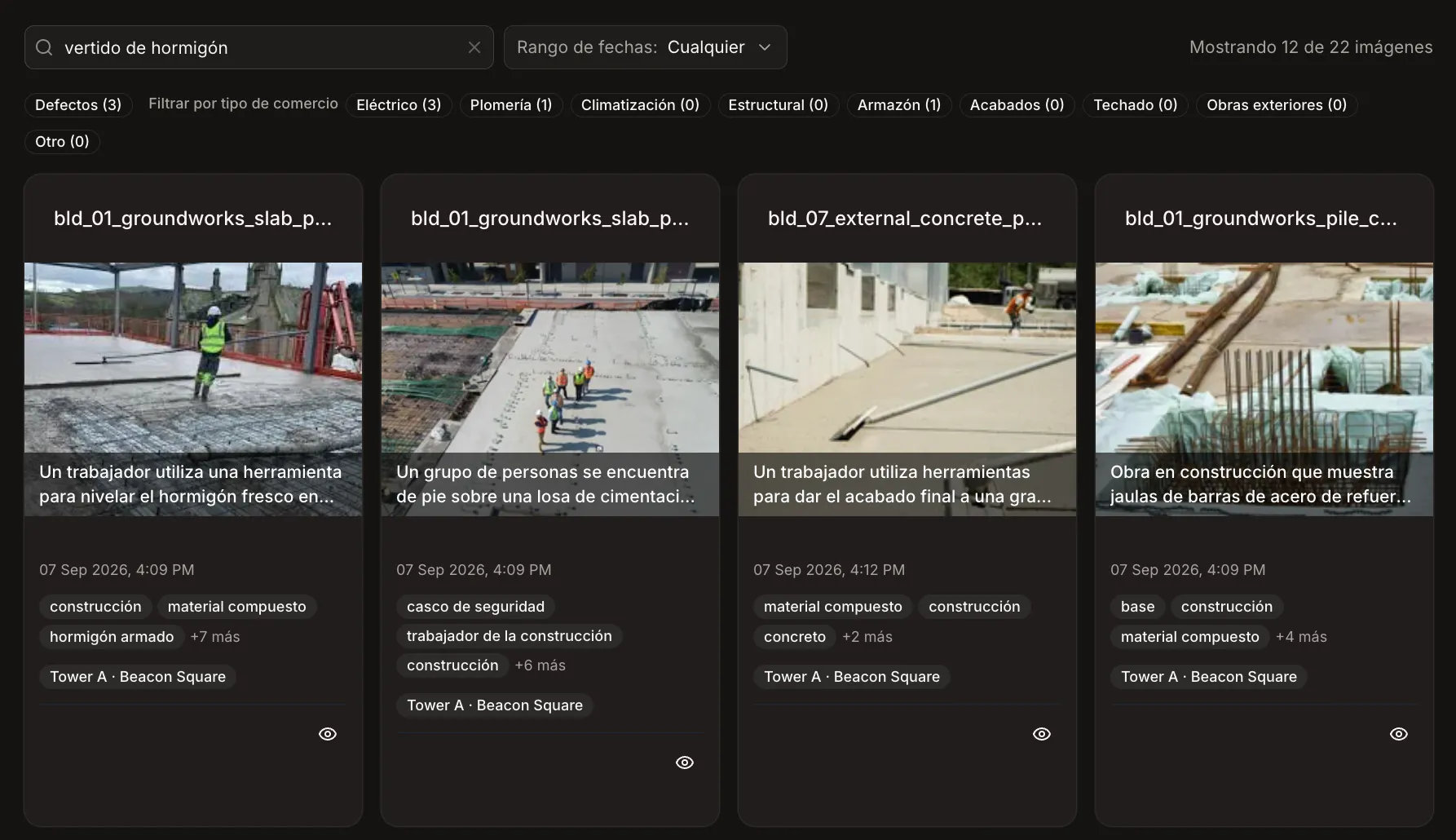 Screenshot of a search for concrete pour in Spanish, returning photos