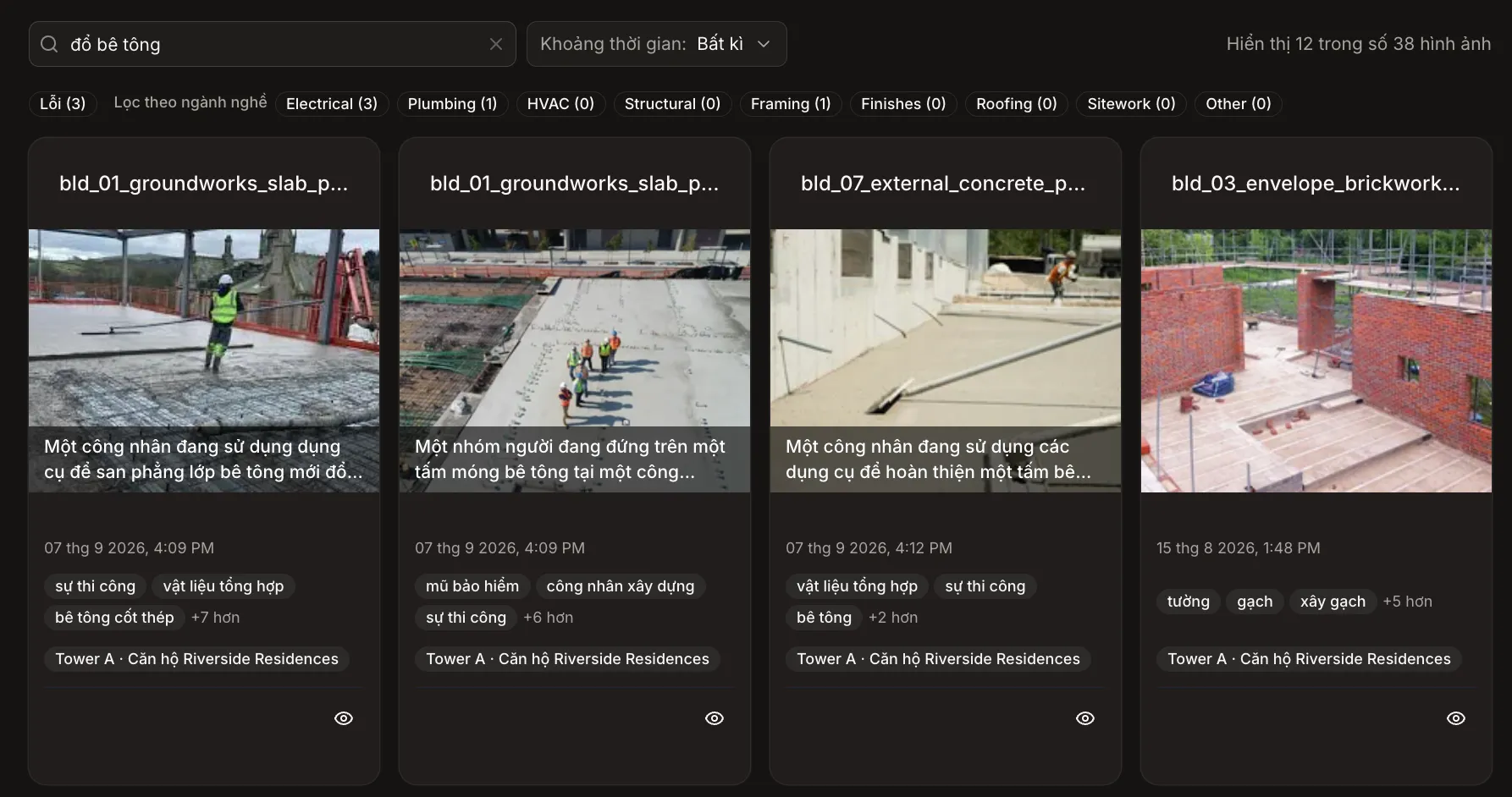 Screenshot of a search for concrete pour in Vietnamese, returning photos