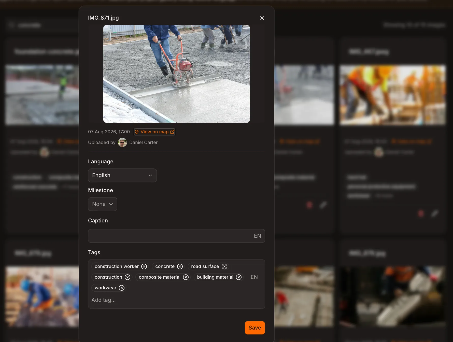 Detail view of a site photo showing editable AI-generated tags