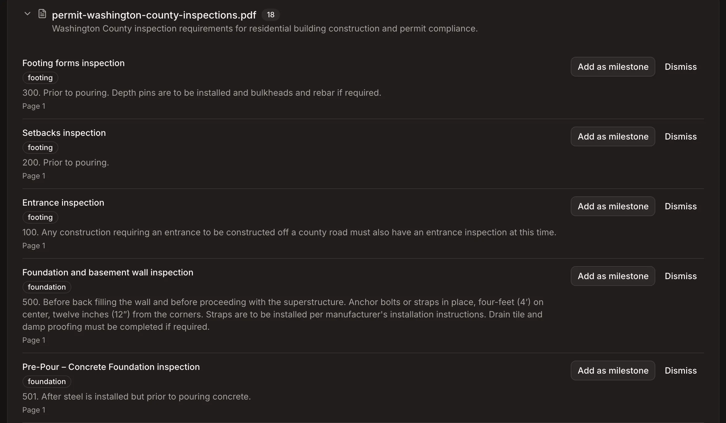 A permit's required inspections suggested as milestones, each with Add as milestone and Dismiss buttons