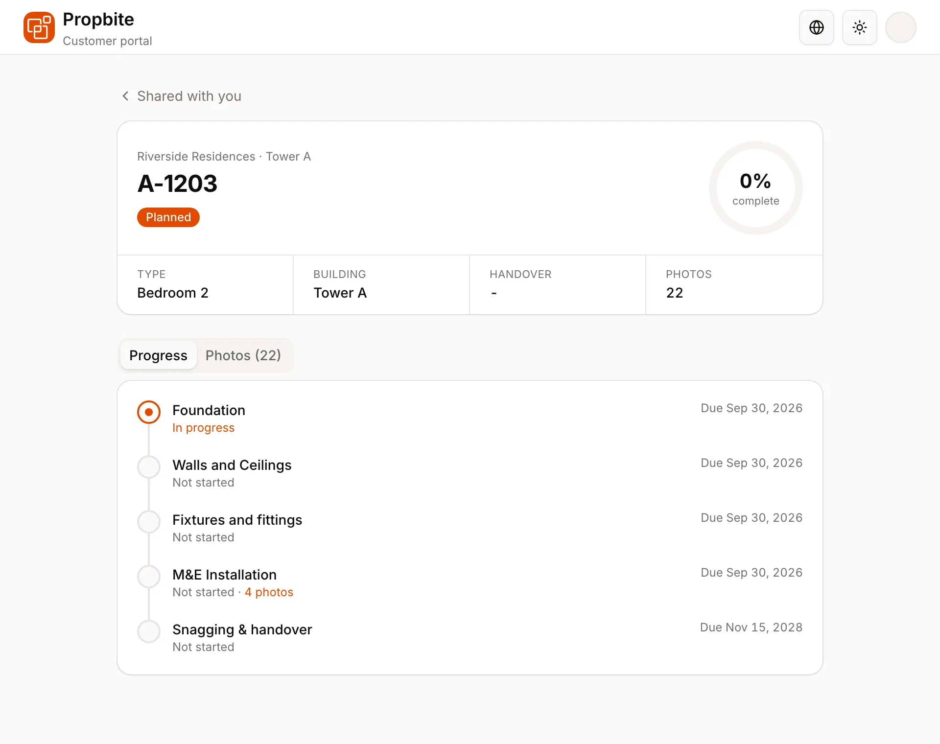 A space in the customer portal: its milestones with status and due dates