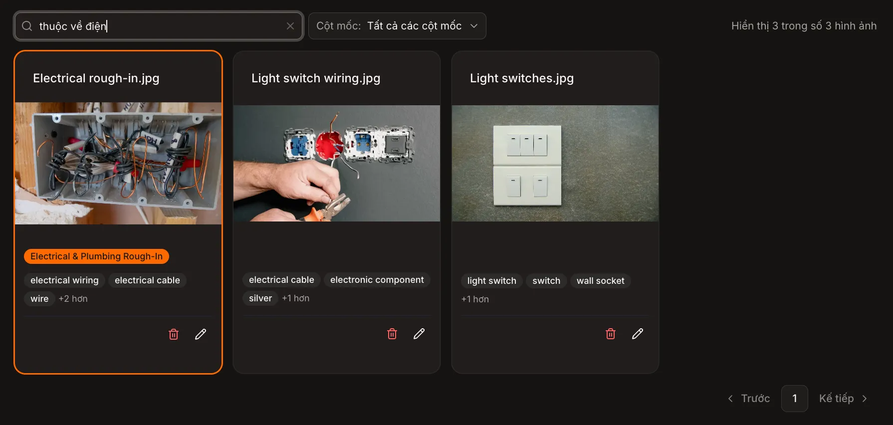 Screenshot of a search for the Vietnamese phrase for electrical, returning photos that were auto-tagged in English