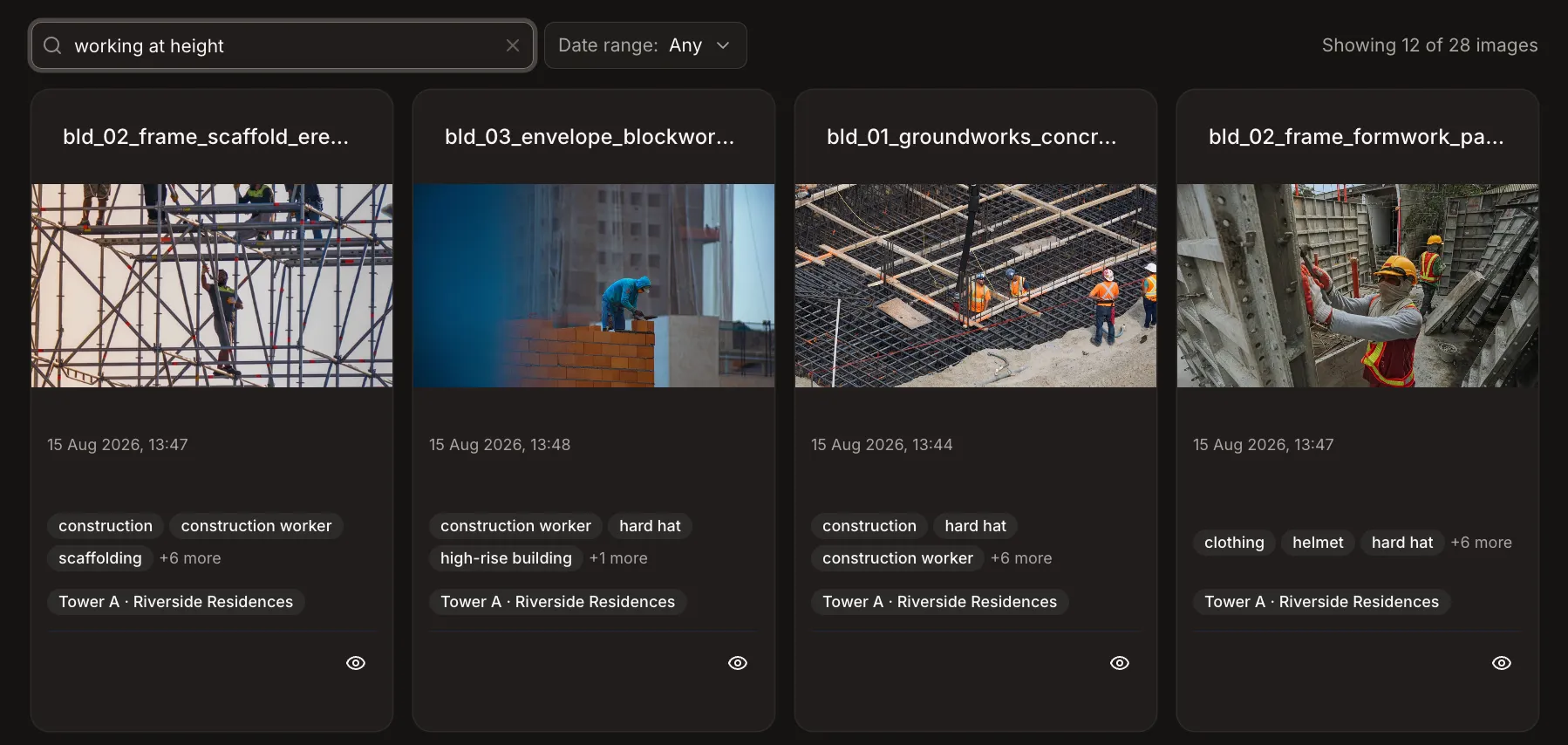Screenshot of a search for working at height in English, returning matching photos